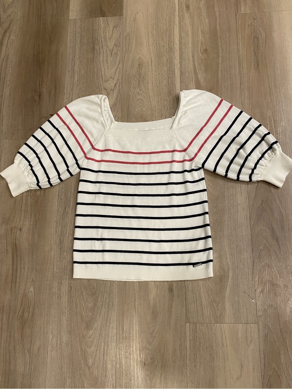 Nautica White Knit Square-Neck Top with Navy and Pink Stripes